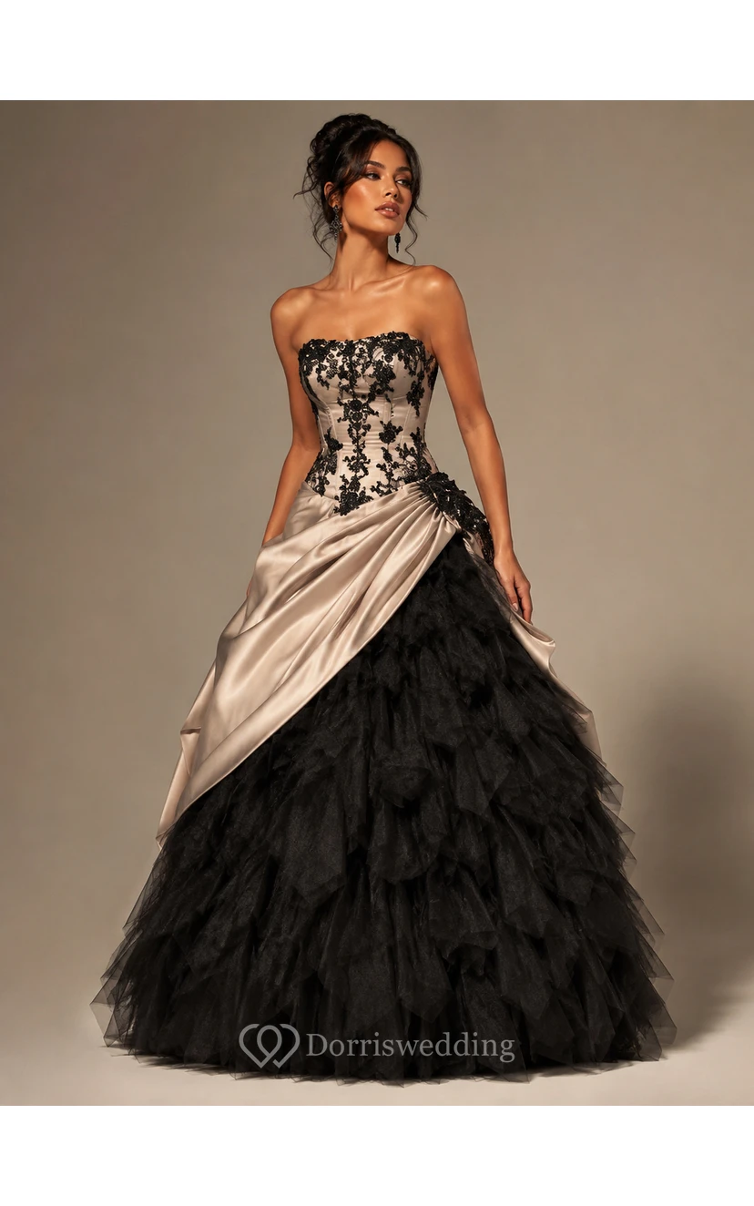 Ballkleid, Teelänge, schulterfrei, mit asymmetrischem Träger, Applikationen, Schnürung am Rücken, Chiffon, Tüll, Spitze, Pailletten, Satin view 7