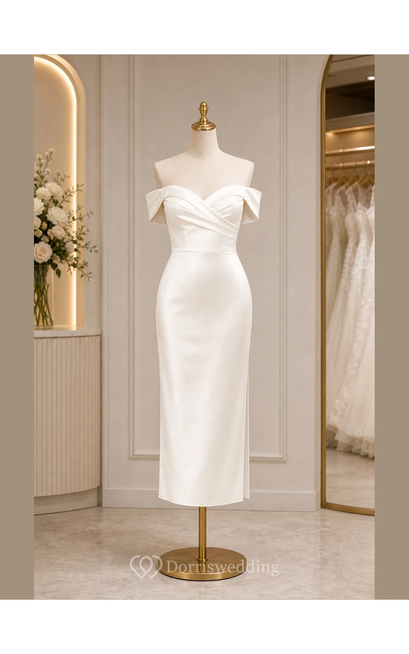 Ivory Off-the-Shoulder Satin Tea-Length Bridal Midi Dress view 7