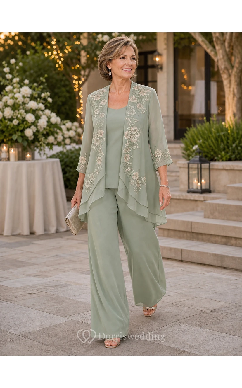 Sage Floral Embroidered Mother Pantsuit Sage Scoop Jewel Jumpsuit Ankle-length view 6