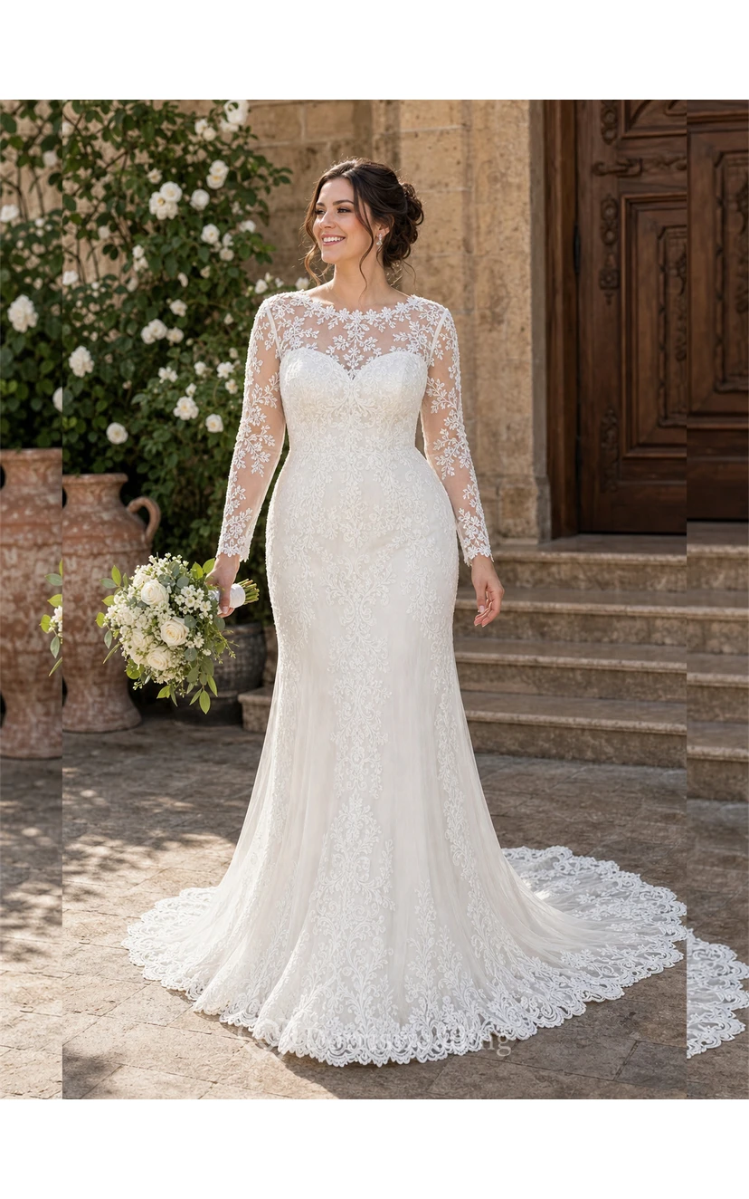 Sheath Long-Sleeve High Neck Tulle&Lace Wedding Dress With Sweep Train view 9