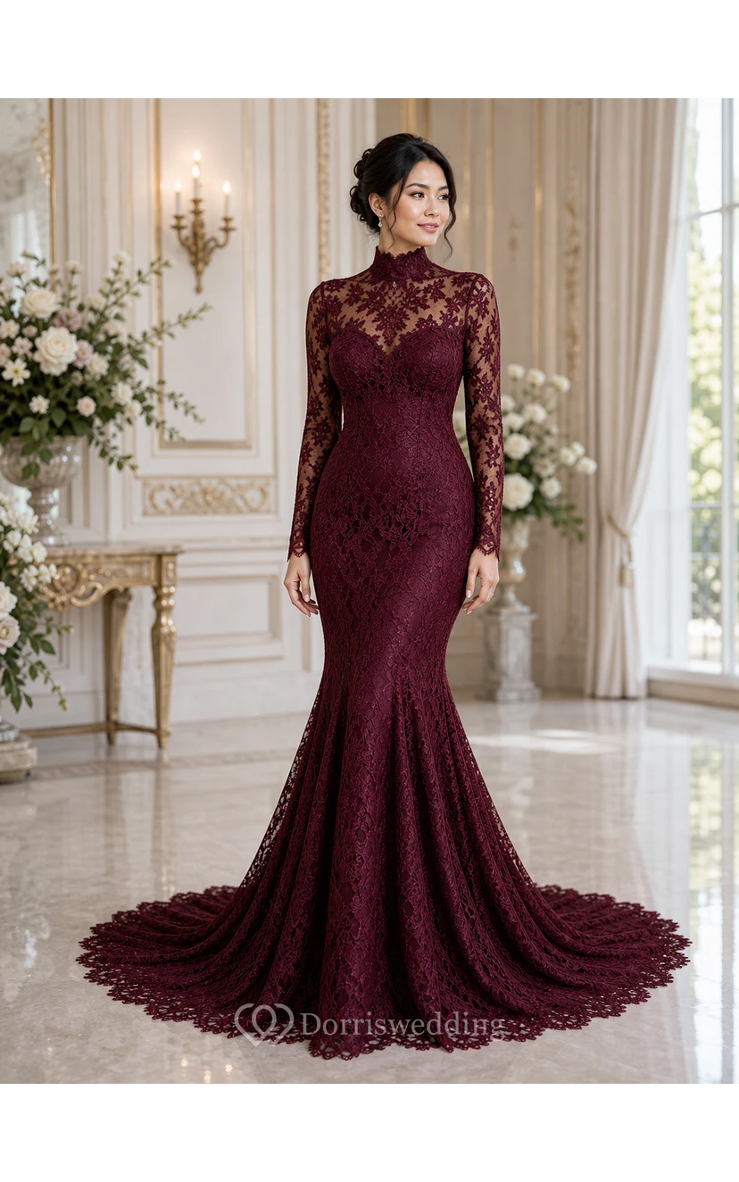 High Neck Long Sleeve Black Lace Mermaid Wedding Gown view 6