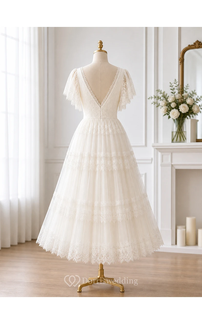 Tea Length Boho Wedding Dress with Flutter Lace Sleeves, V-Neckline & Tiered Tulle Skirt view 8