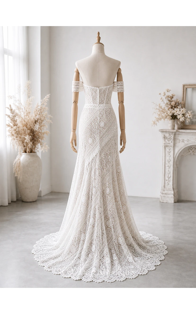 Boho Sweetheart Sheath Lace Empire Sweep Train Wedding Dress view 8
