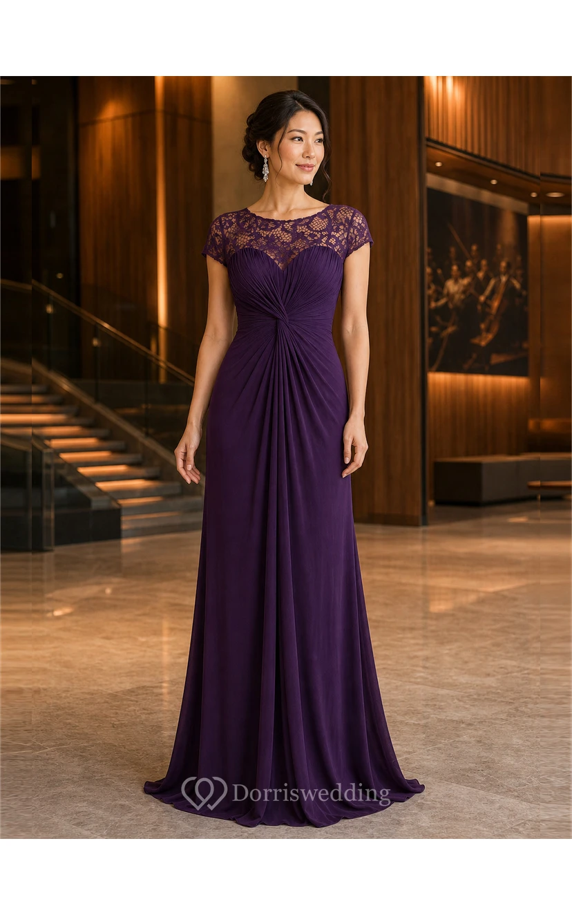 Cap-Sleeved Long Ruched Mother Of The Bride Dress With Illusion Lace Neckline view 13