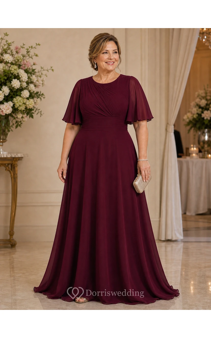 Modest Burgundy Chiffon Flutter Sleeve A-Line Evening Gown view 3