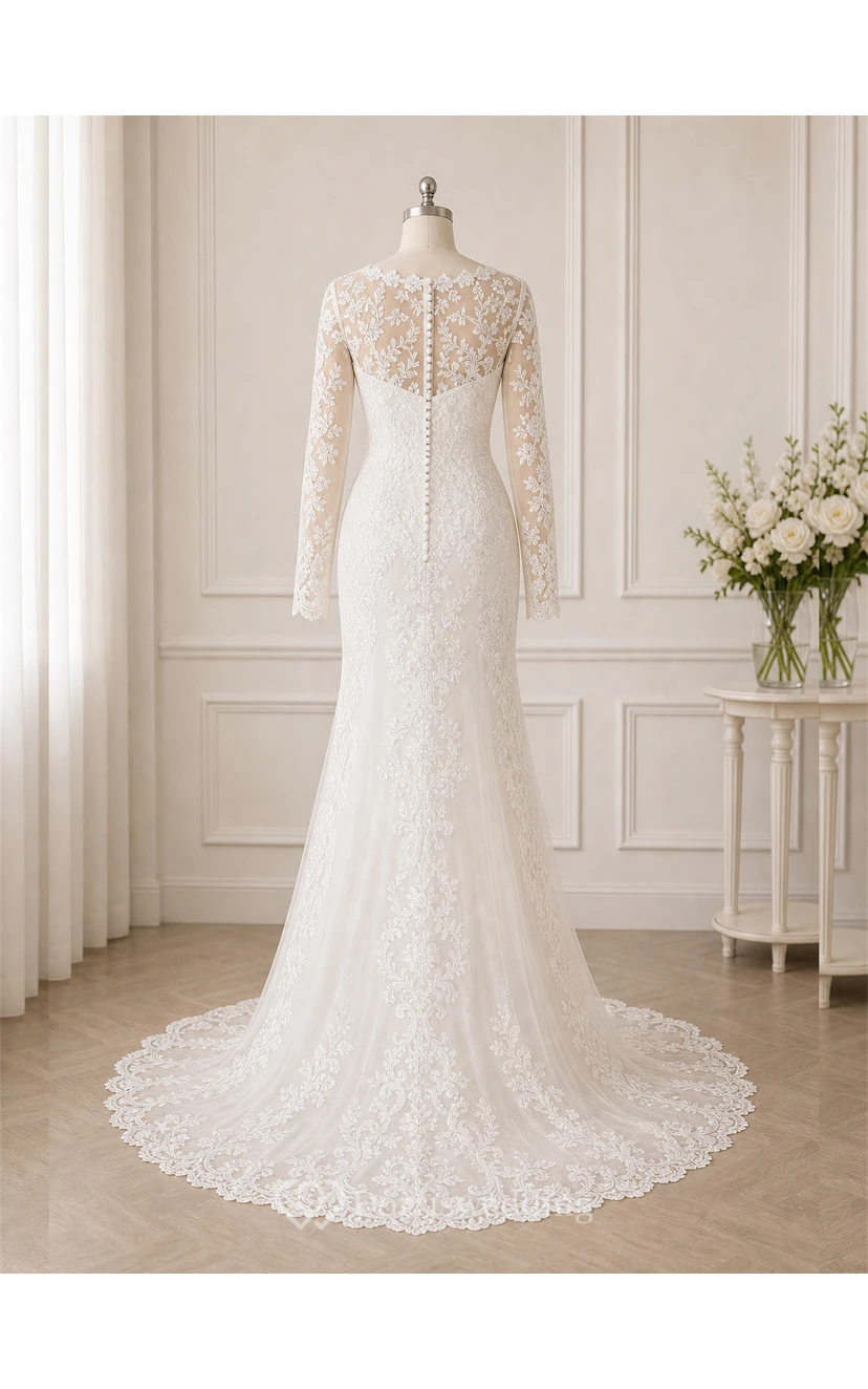 Sheath Long-Sleeve High Neck Tulle&Lace Wedding Dress With Sweep Train view 8