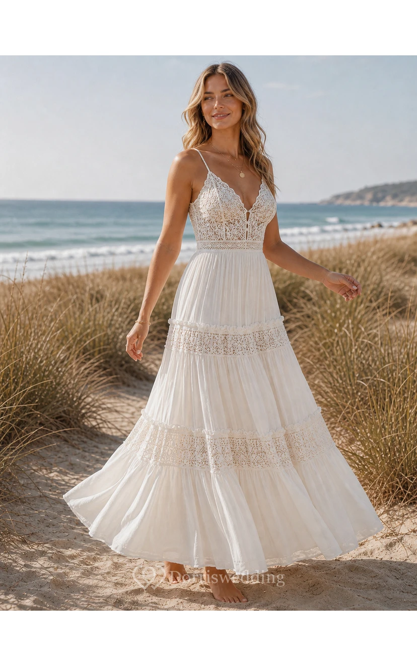 Beach Boho Wedding Dress with Spaghetti Straps, Lace Bodice & Tiered Maxi Skirt view 5