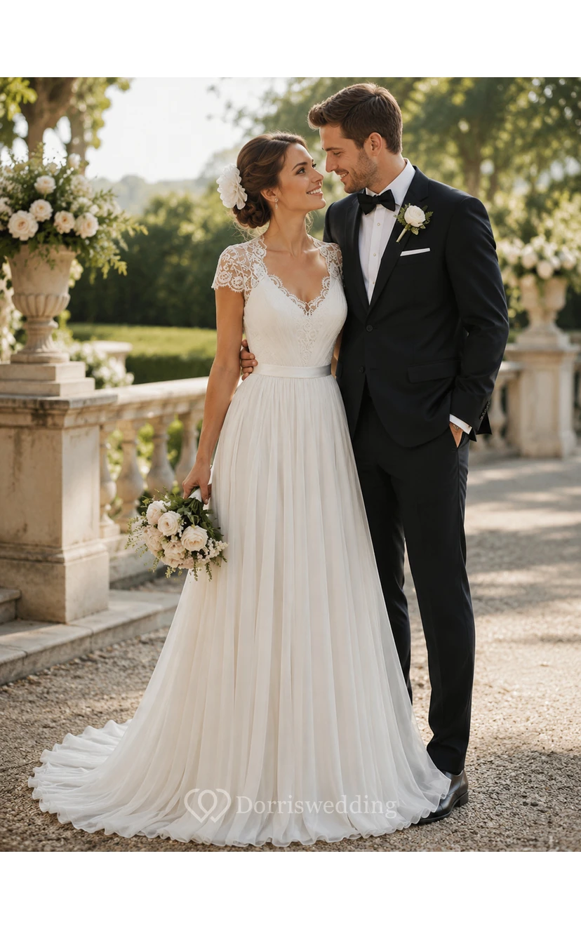 Elegante vestido de novia de gasa con escote redondo y mangas cortas, con encaje. view 3