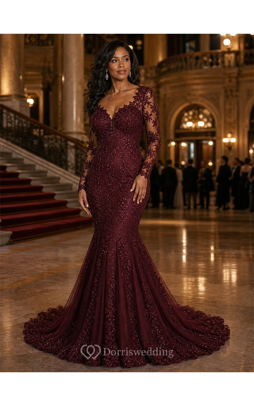 Long Sleeve Black Lace Mermaid Wedding Dress view 7