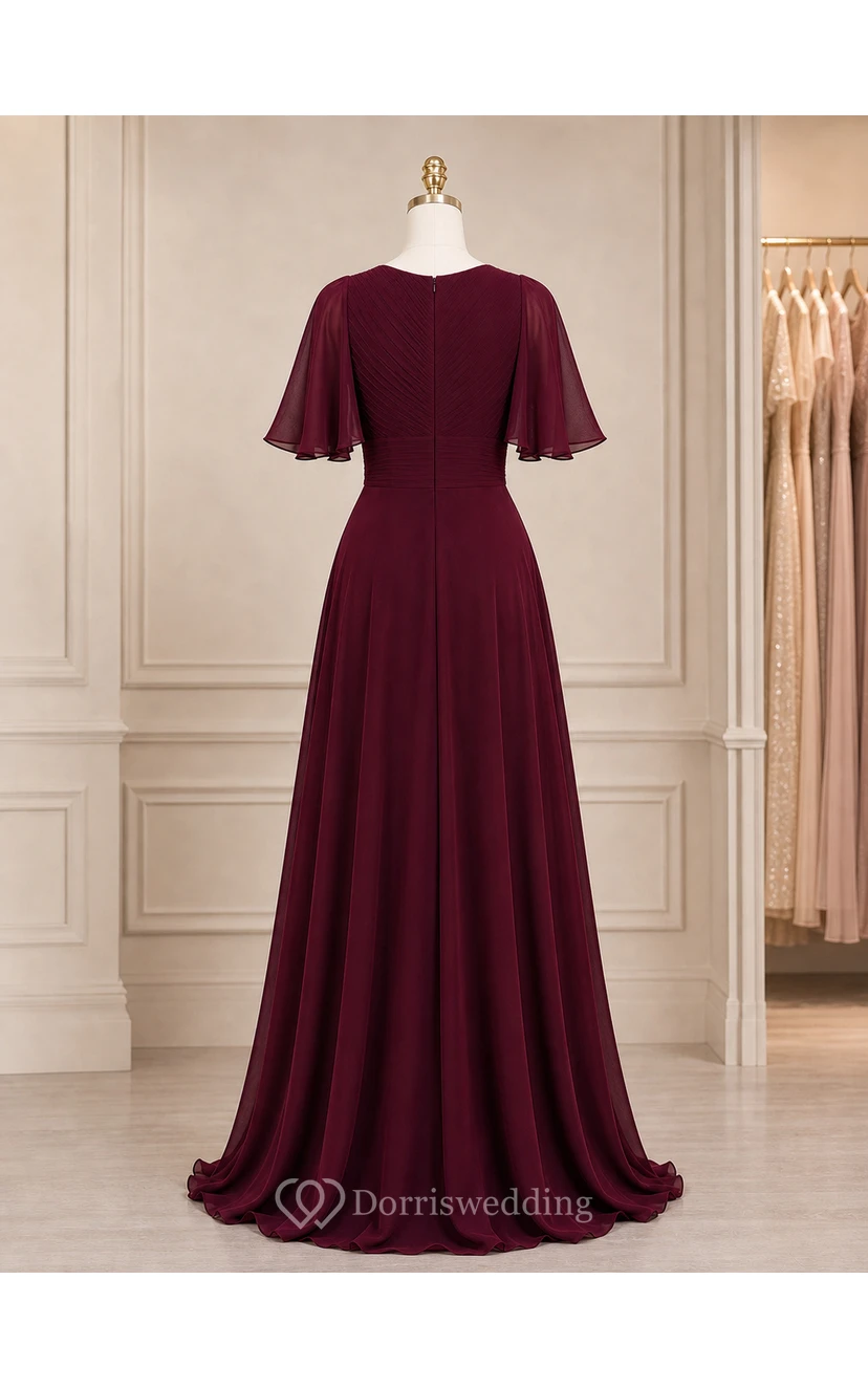 Modest Burgundy Chiffon Flutter Sleeve A-Line Evening Gown view 7