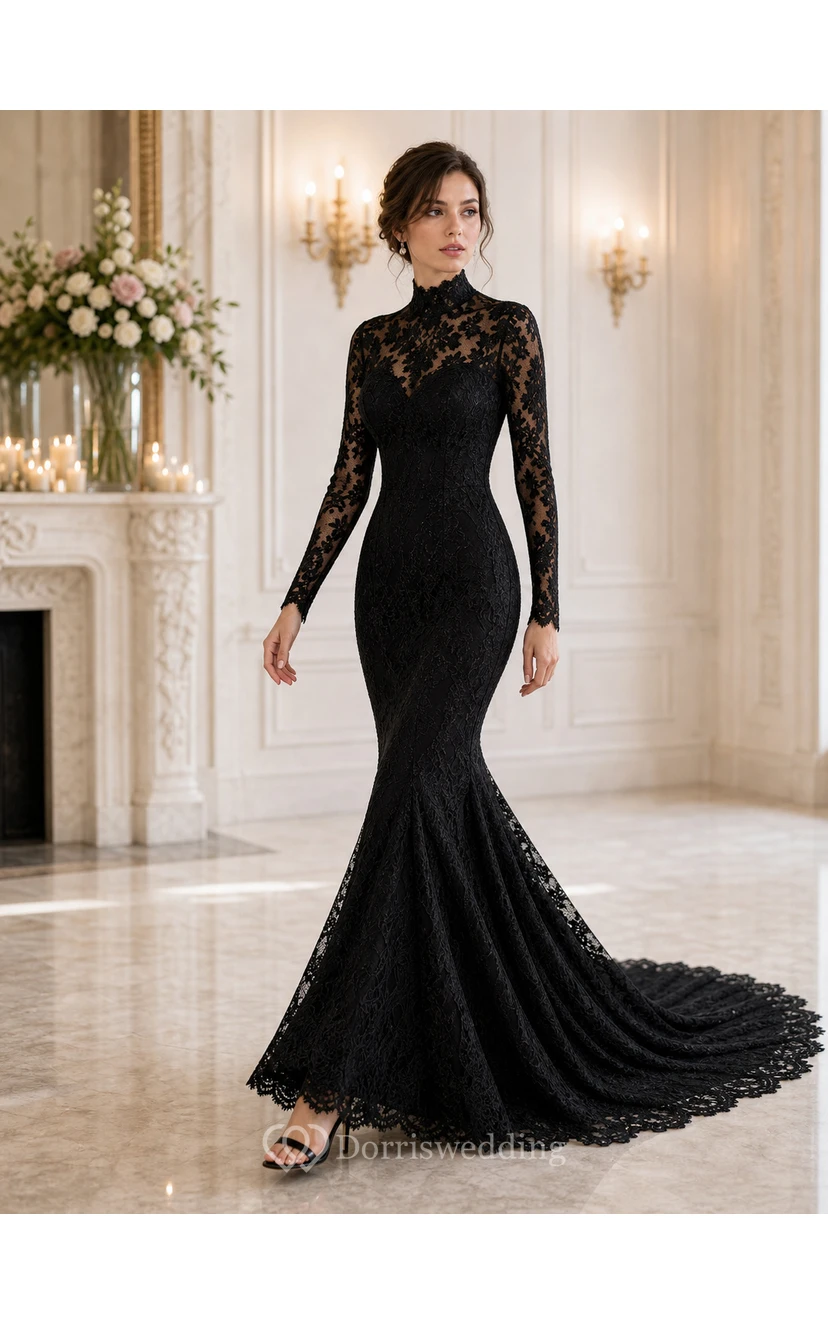 High Neck Long Sleeve Black Lace Mermaid Wedding Gown view 3