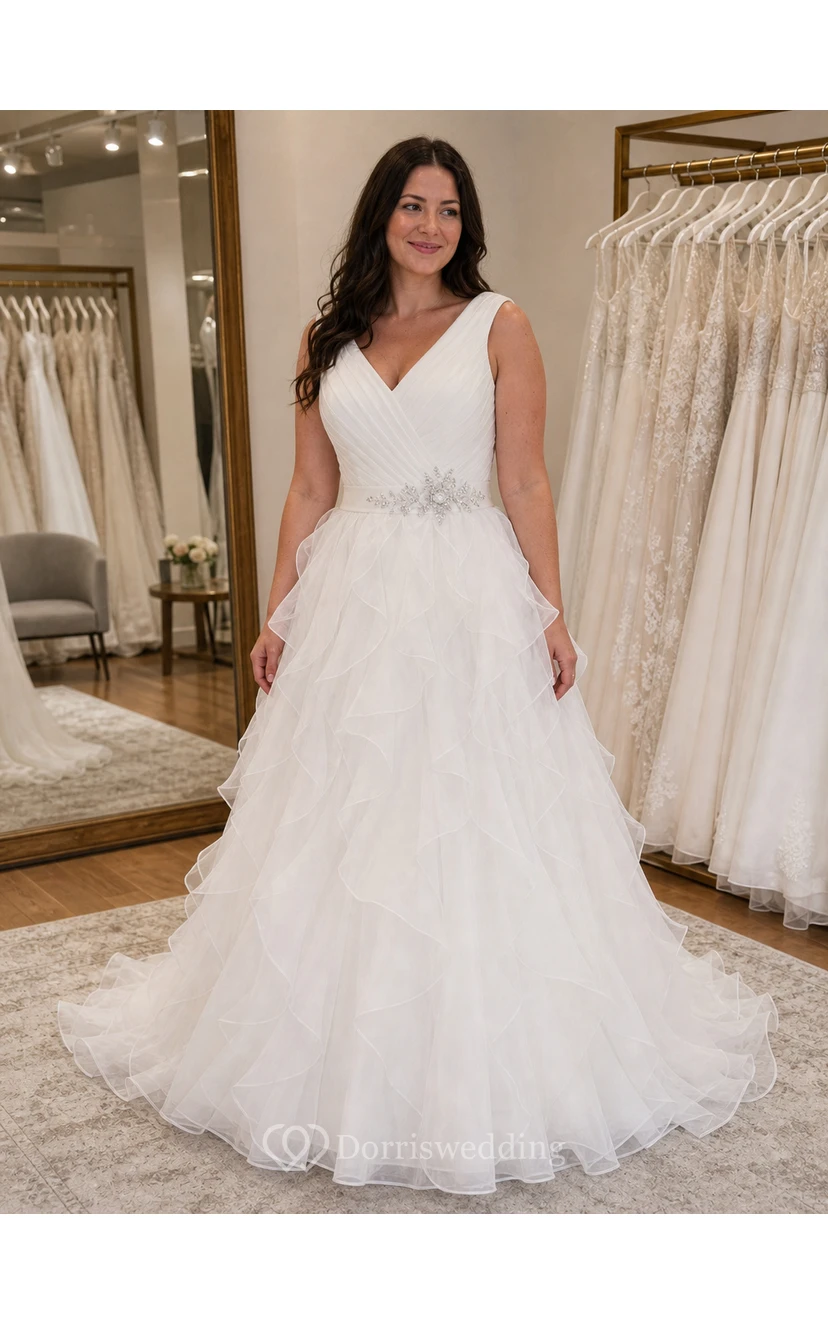 A-Line Cap-Sleeve Long V-Neck Ruched Organza Wedding Dress With Ruffles And Tiers view 6