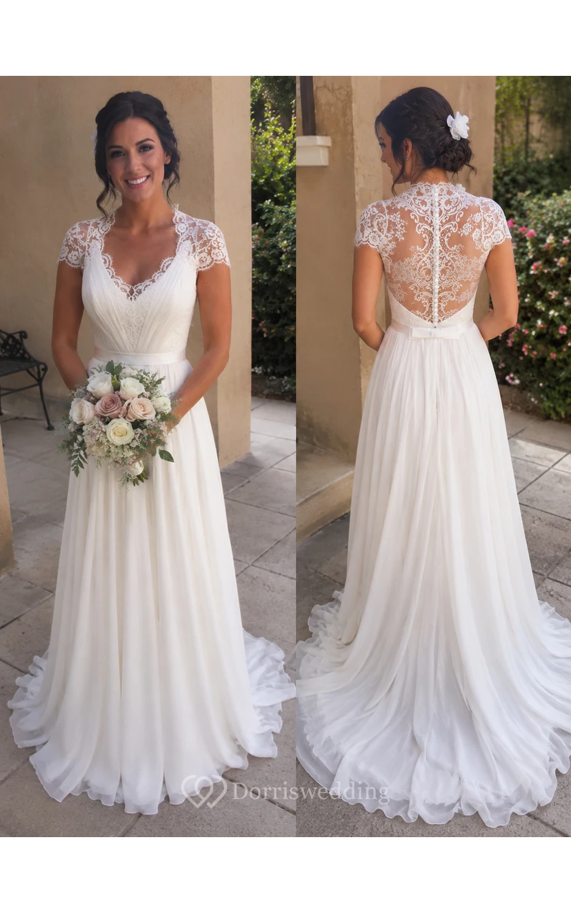Elegante vestido de novia de gasa con escote redondo y mangas cortas, con encaje. view 9