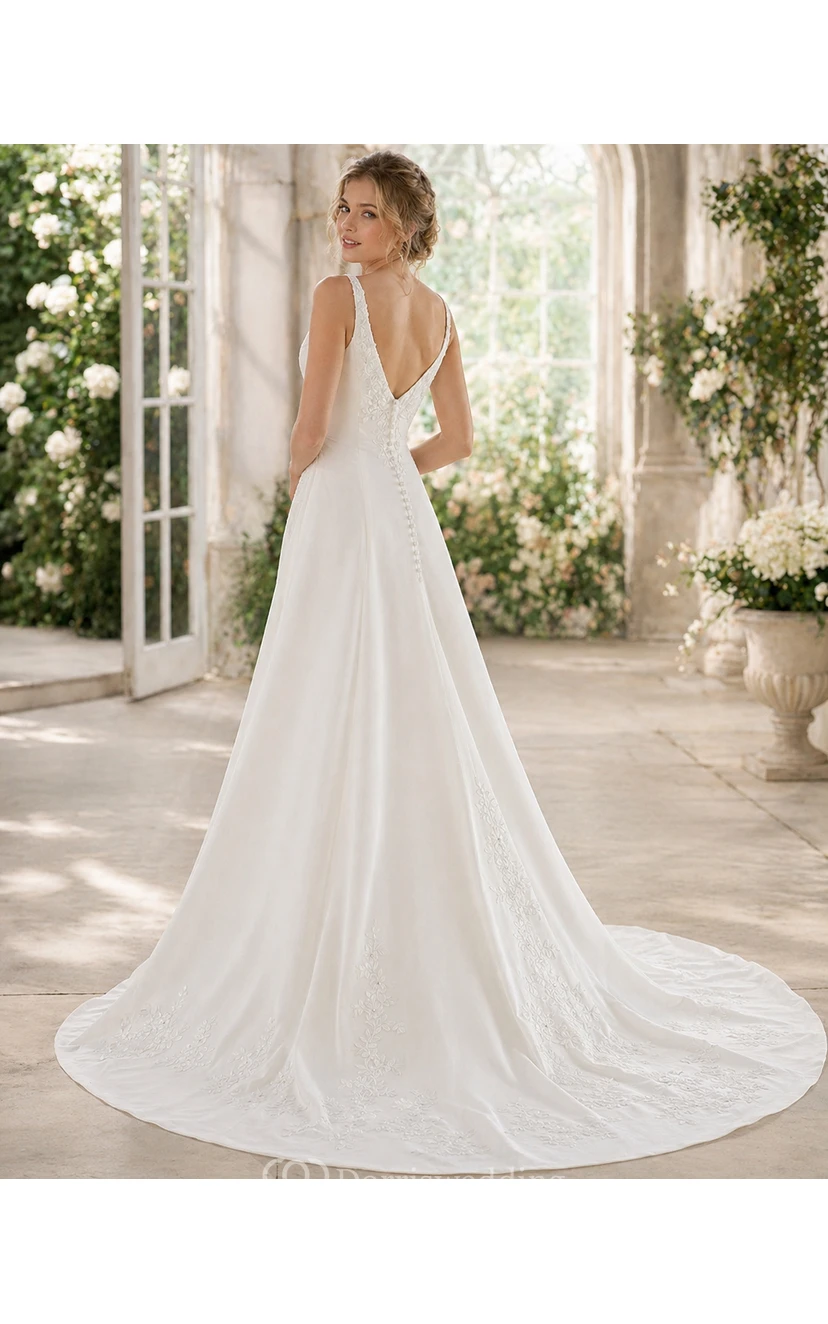 Brautkleid in A-Linie mit V-Ausschnitt, Spitzenapplikationen, Chiffon, gerafftem Oberteil und Schleppe view 4