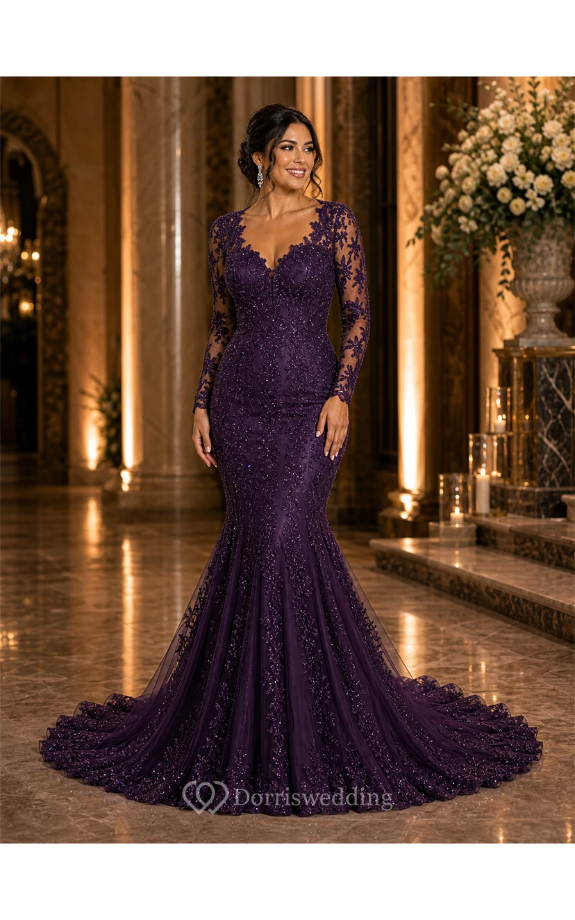 Long Sleeve Black Lace Mermaid Wedding Dress view 9