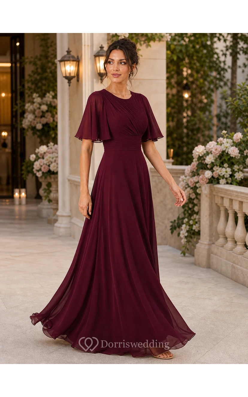 Modest Burgundy Chiffon Flutter Sleeve A-Line Evening Gown view 4