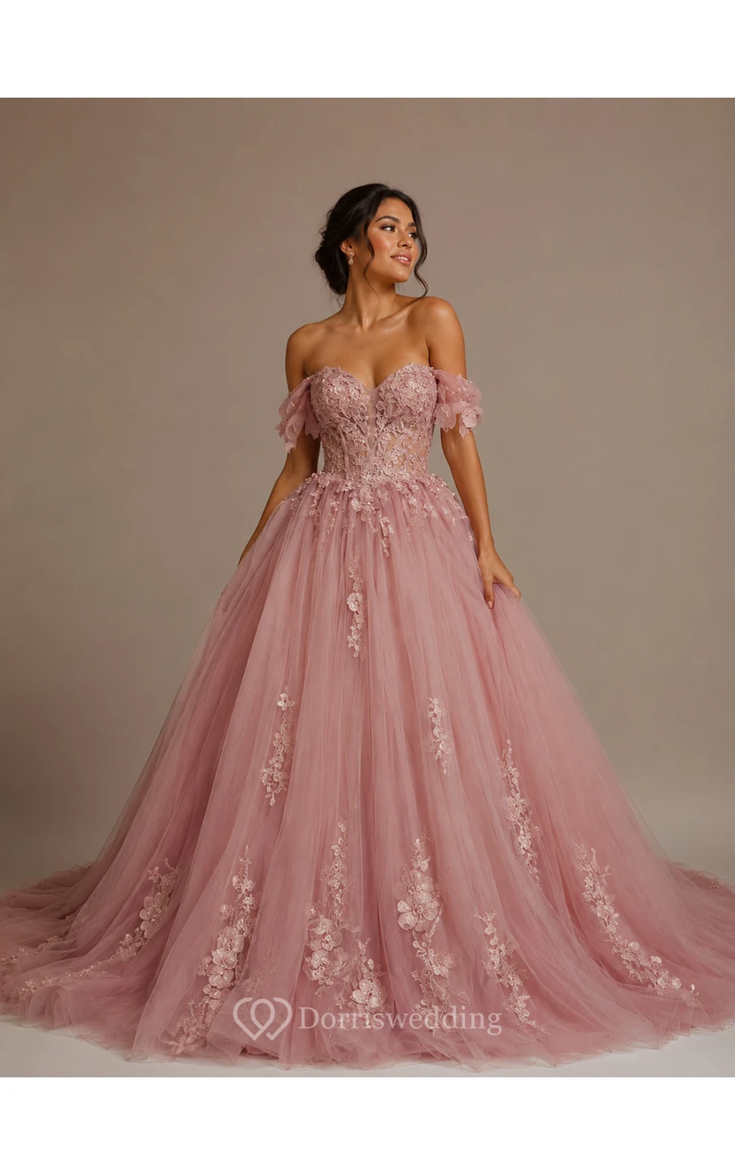 Robe de bal bustier en tulle coupe A ornée d'appliqués, robe de bal exquise view 7