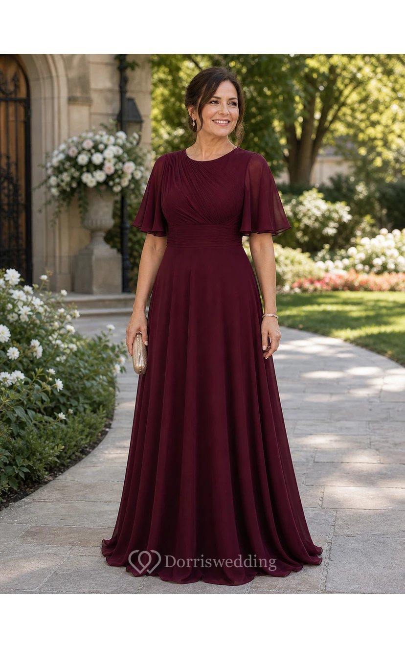 Modest Burgundy Chiffon Flutter Sleeve A-Line Evening Gown view 8