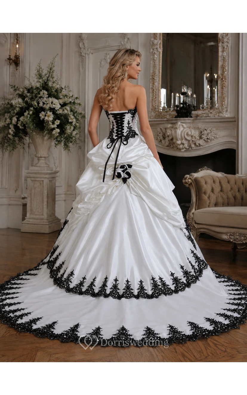 Ball Gown Taffeta Strapless Sleeveless Court Train Princess Wedding Dress with Beading Cascading Ruffles and Tiers view 3