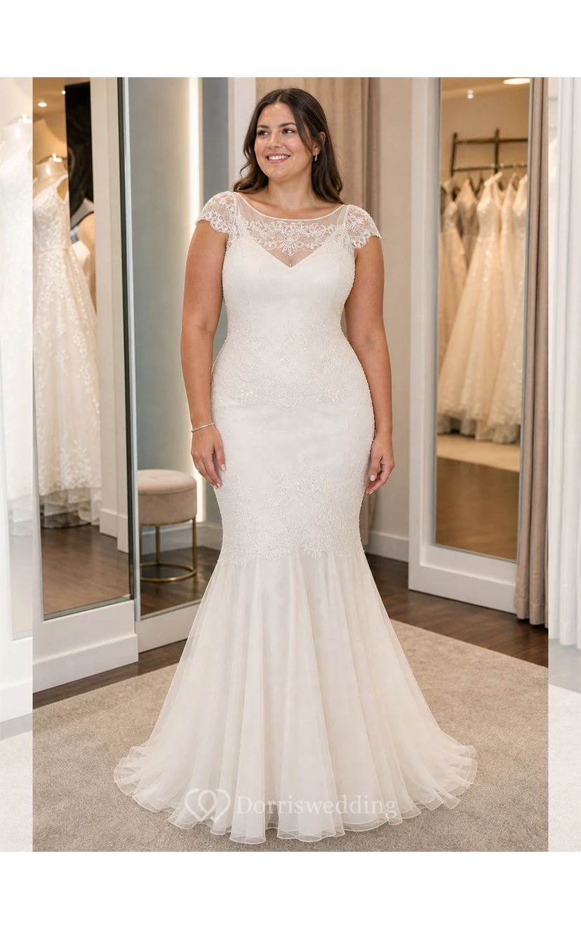 Scoop Maxi Cap-Sleeve Lace Wedding Dress With Illusion view 6