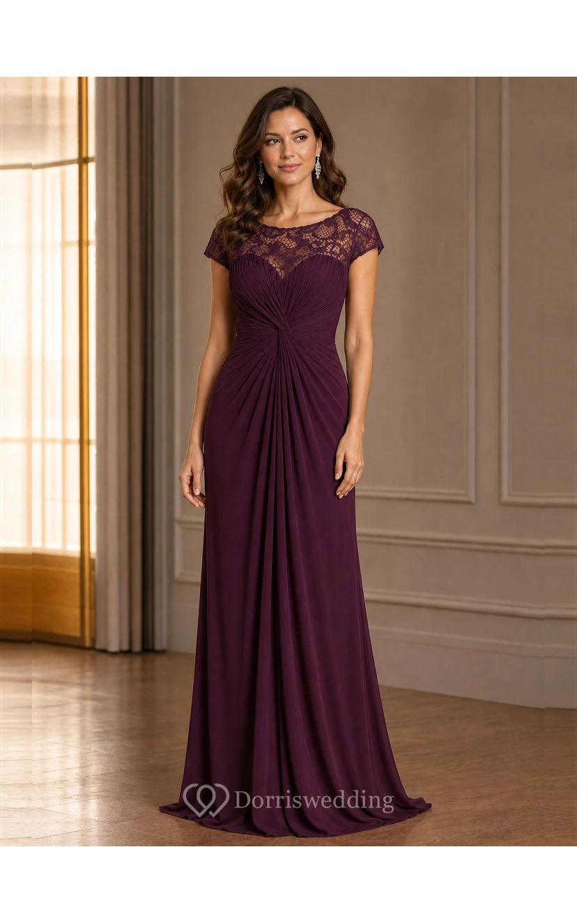 Cap-Sleeved Long Ruched Mother Of The Bride Dress With Illusion Lace Neckline view 17