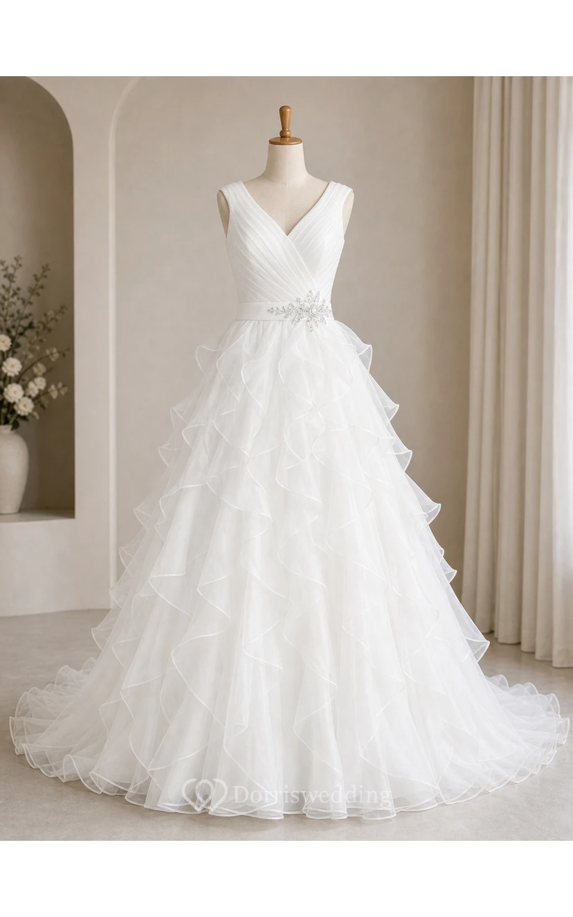 A-Line Cap-Sleeve Long V-Neck Ruched Organza Wedding Dress With Ruffles And Tiers view 7