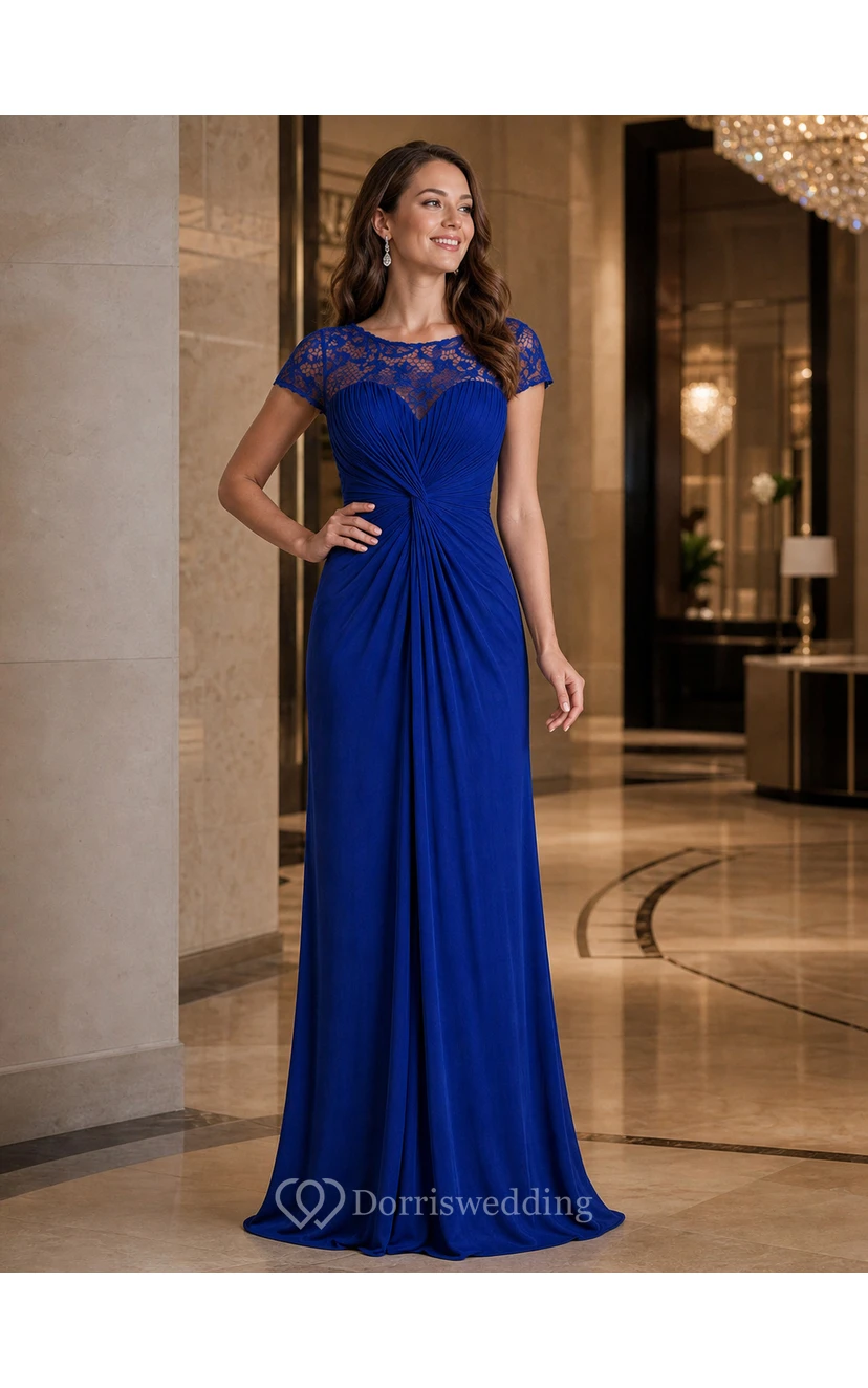 Cap-Sleeved Long Ruched Mother Of The Bride Dress With Illusion Lace Neckline view 8