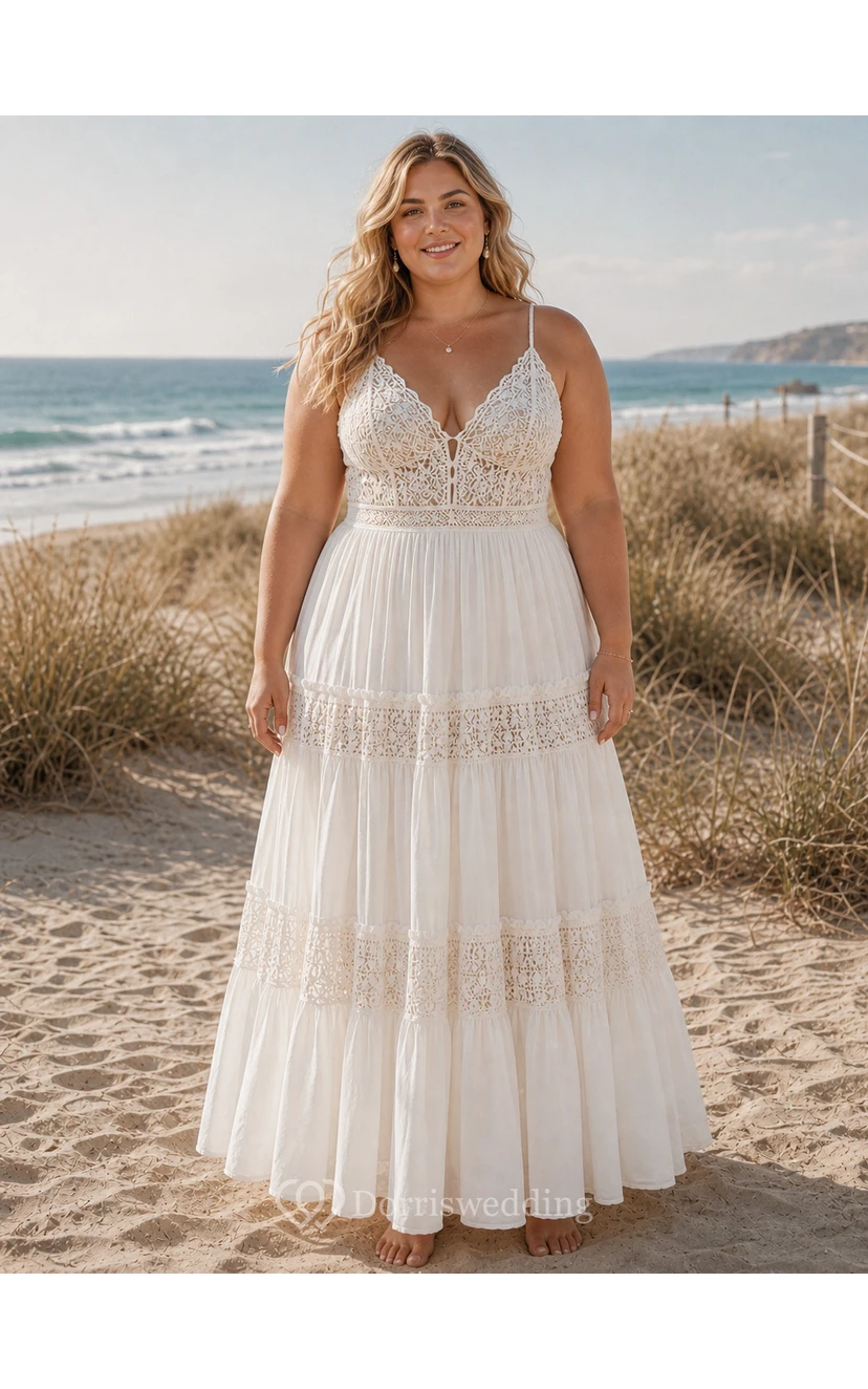 Beach Boho Wedding Dress with Spaghetti Straps, Lace Bodice & Tiered Maxi Skirt view 4