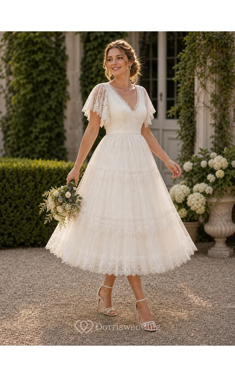 Tea Length Boho Wedding Dress with Flutter Lace Sleeves, V-Neckline & Tiered Tulle Skirt view 5