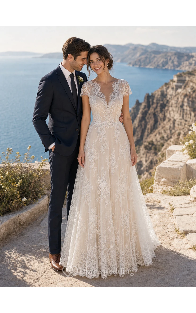 Destination Empire Sheath Wedding Dress with Cap Sleeves and Illusion Button Back view 3