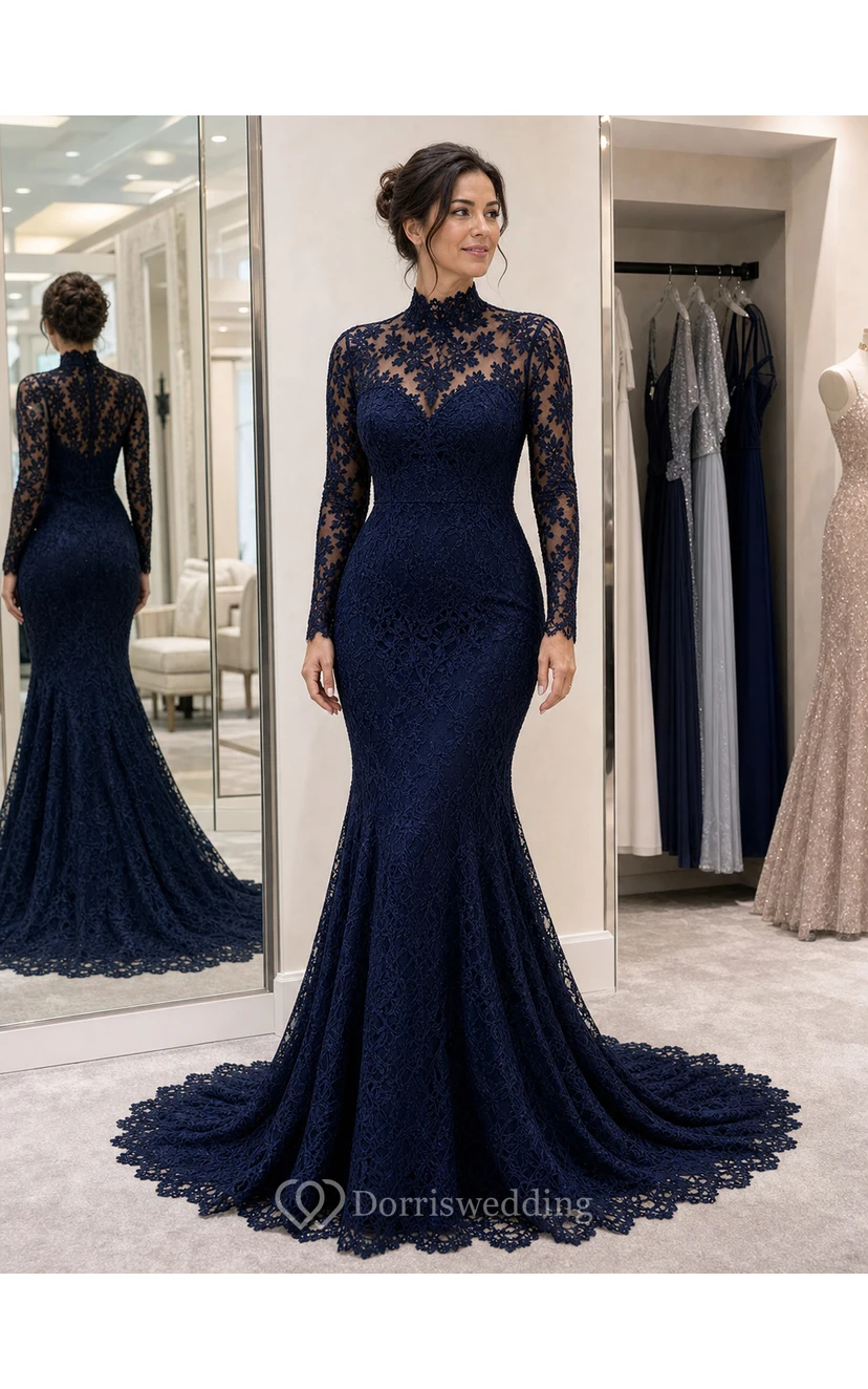 High Neck Long Sleeve Black Lace Mermaid Wedding Gown view 8