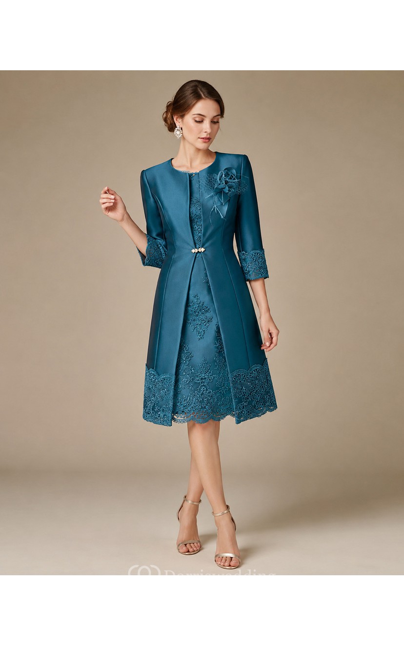 Jewel A-line Knee-length 3-4 Length Sleeve Satin Mother of the