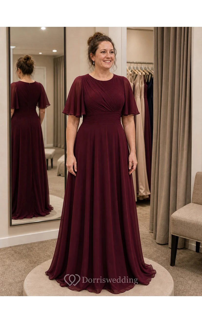 Modest Burgundy Chiffon Flutter Sleeve A-Line Evening Gown view 5