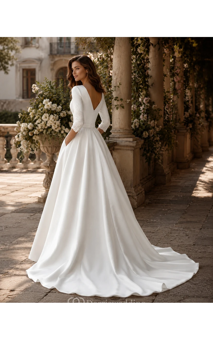 Elegantes A-Linien-Brautkleid aus Satin mit tiefem Ausschnitt und langen Ärmeln view 4