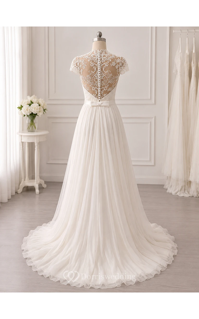 Elegante vestido de novia de gasa con escote redondo y mangas cortas, con encaje. view 7