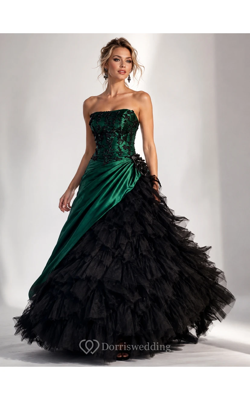 Ballkleid, Teelänge, schulterfrei, mit asymmetrischem Träger, Applikationen, Schnürung am Rücken, Chiffon, Tüll, Spitze, Pailletten, Satin view 3