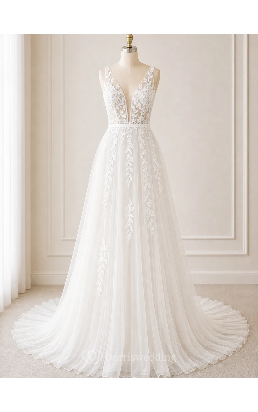 Sexy V-neck Boho Country Tulle A Line Empire Sleeveless Illusion Wedding Dress- white view 7