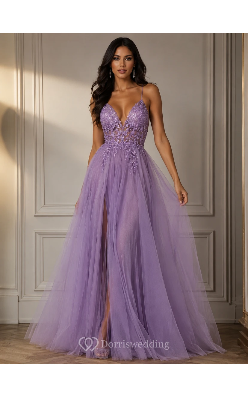 Robe de bal décontractée à bretelles spaghetti, coupe empire, en tulle plissé et haut orné de perles view 7