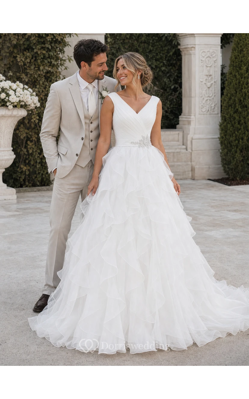 A-Line Cap-Sleeve Long V-Neck Ruched Organza Wedding Dress With Ruffles And Tiers view 3