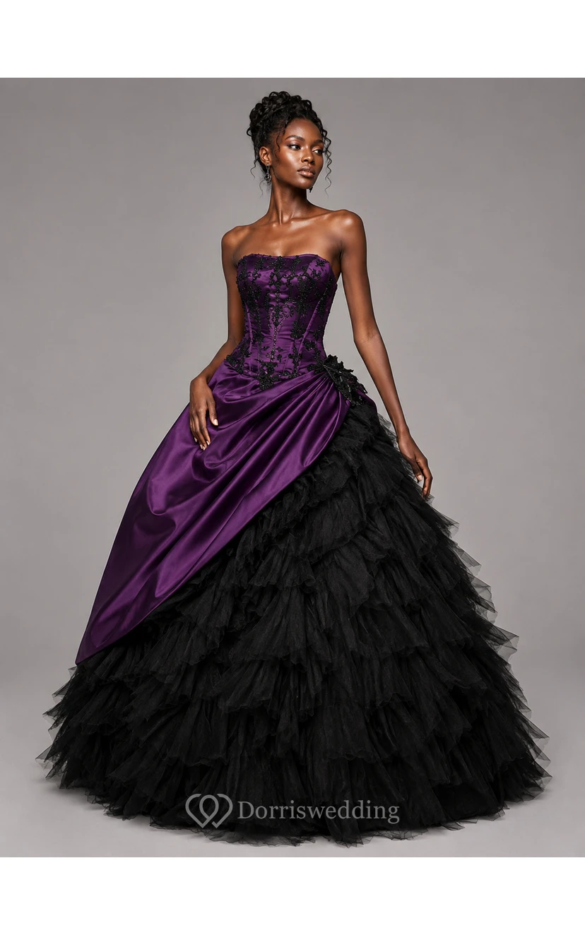 Ballkleid, Teelänge, schulterfrei, mit asymmetrischem Träger, Applikationen, Schnürung am Rücken, Chiffon, Tüll, Spitze, Pailletten, Satin view 5