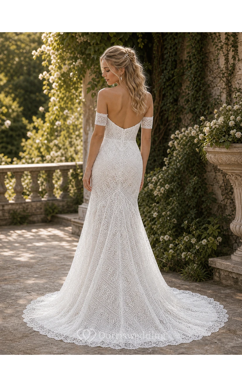 Boho Sweetheart Sheath Lace Empire Sweep Train Wedding Dress view 3