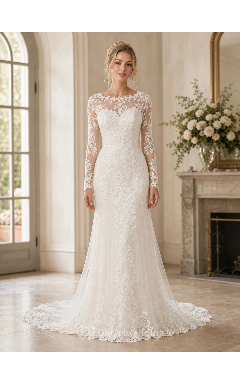 Sheath Long-Sleeve High Neck Tulle&Lace Wedding Dress With Sweep Train view 3