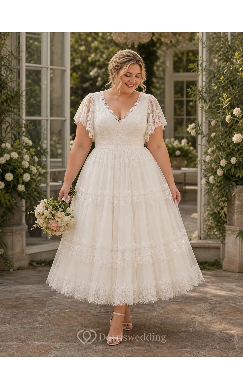 Tea Length Boho Wedding Dress with Flutter Lace Sleeves, V-Neckline & Tiered Tulle Skirt view 4