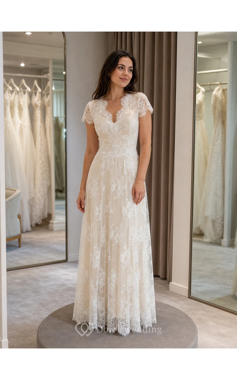 Destination Empire Sheath Wedding Dress with Cap Sleeves and Illusion Button Back view 6