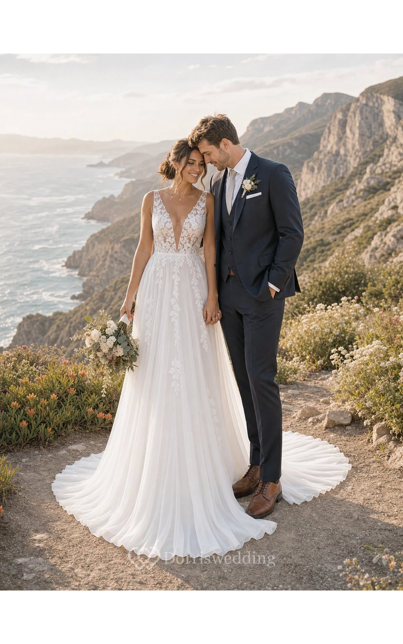 Sexy V-neck Boho Country Tulle A Line Empire Sleeveless Illusion Wedding Dress- white view 3