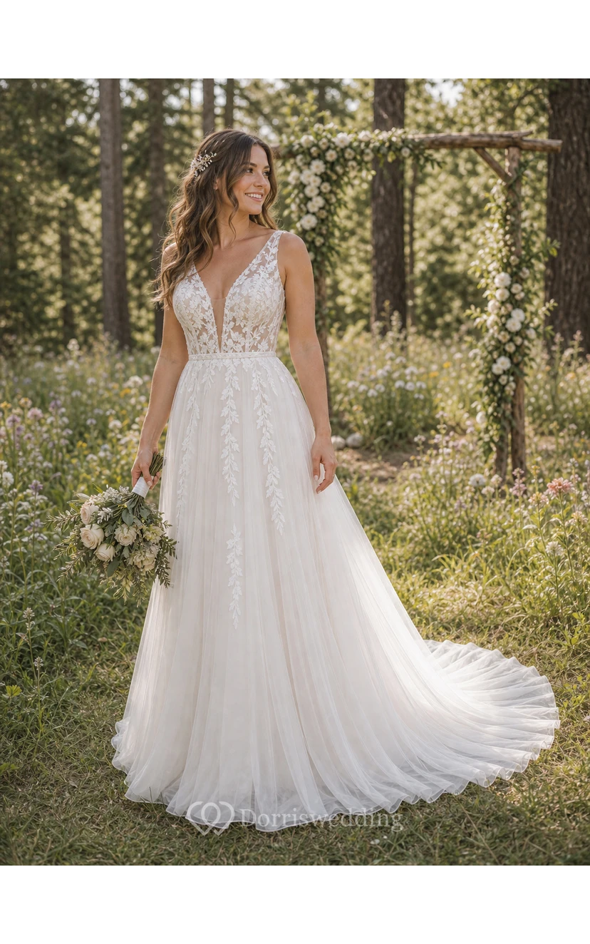 Sexy V-neck Boho Country Tulle A Line Empire Sleeveless Illusion Wedding Dress- white view 9