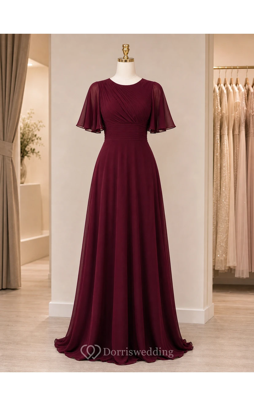 Modest Burgundy Chiffon Flutter Sleeve A-Line Evening Gown view 6