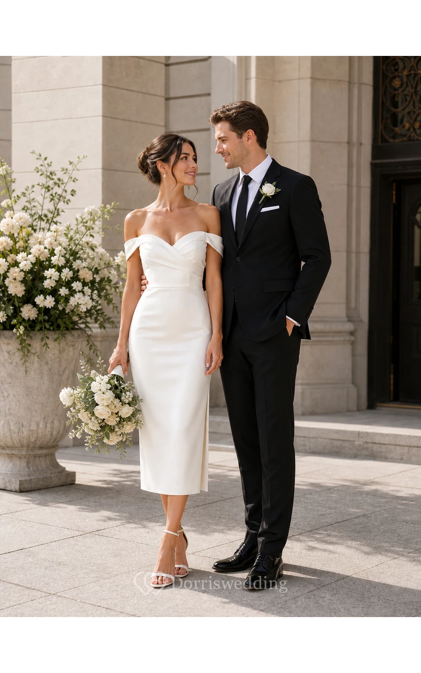 Ivory Off-the-Shoulder Satin Tea-Length Bridal Midi Dress view 3